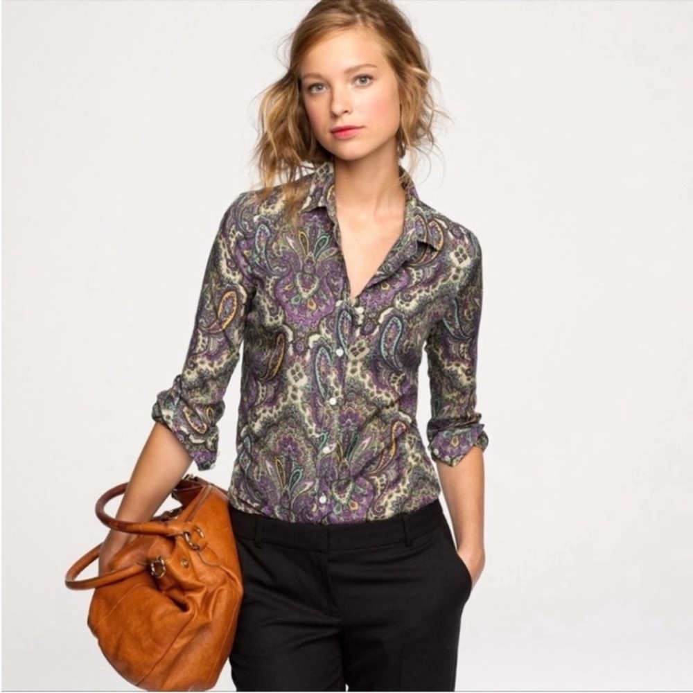 J.Crew Paisley Purple Silk Blend Medallion Floral Perfect Button Down Shirt Sz 4